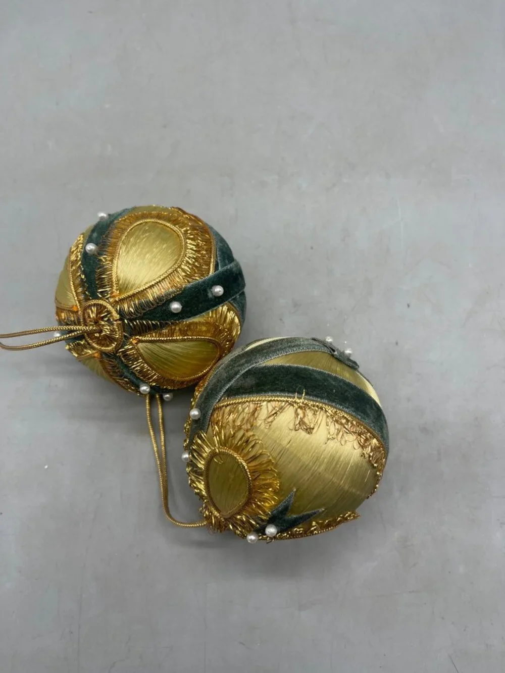 vintage set of 2 silk Christmas ornament gold green ribbon embellished felt READ